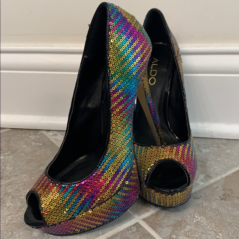 Aldo high heeled rainbow sequin peep toe size 7